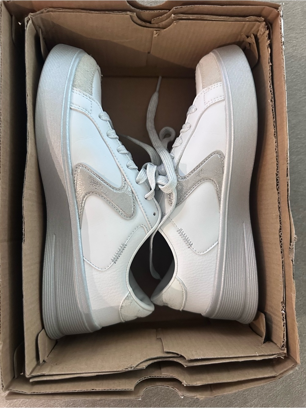 Skechers White and Silver Platform Lace-Up Sneakers